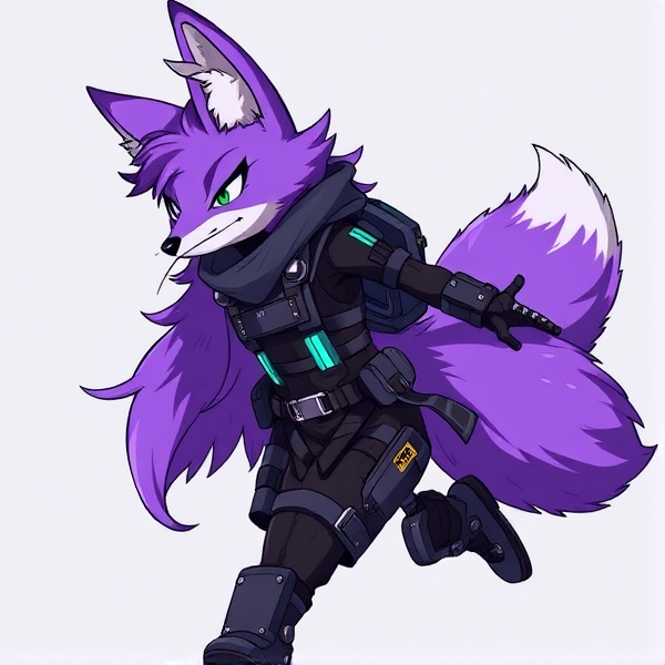 My hero academia oc with vibrant amethyst purple fluffy hair, styled in a dynamic, gravity-defying manner that suggests motion and power. The hero costume is a sleek, form-fitting suit adorned with a tactical harness featuring utility pockets and glowing accents, signifying high-tech gear. Sturdy combat boots with reinforced soles and metal detailing for enhanced durability. The costume is crisscrossed with an array of adjustable straps for carrying equipment, each strap having its own unique function and design. Prominently displayed fox ears atop the head, covered in soft fur matching the hair color, perked up in alertness. A luxuriously bushy fox tail that waves energetically behind, coordinated with the character's movements. A well-crafted muzzle that hints at animalistic features while retaining a heroic aesthetic, perhaps incorporating breathing filters or communication devices to serve both form and function