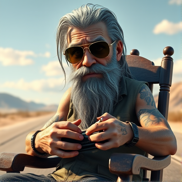 Create a highly detailed 3D rendering of an aged Chicago blues singer with long, unkempt gray hair and a long beard, muscles. Torn clothes like he has been in a fight. Sitting on a rocking chair in the middle of a desert highway. holds a harmonica.
Tattoo on face like Mike Tyson.
Tattoo letters on each finger that spells the 'Blues'
Peering over the top of aviator sunglasses. Cigarette in hand