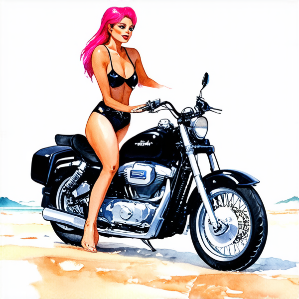 Aquarelle : Femme avec des cheveux rose fuchsia sur une moto noir roule sur le plage