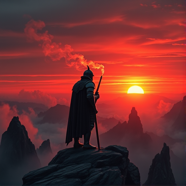 Gothic atmosphere with two armored knights standing side by side atop a craggy mountain peak, shrouded in mist, as they gaze upon a dramatic sunset with tendrils of smoke wafting from their pipes, silhouetted against the reddening sky