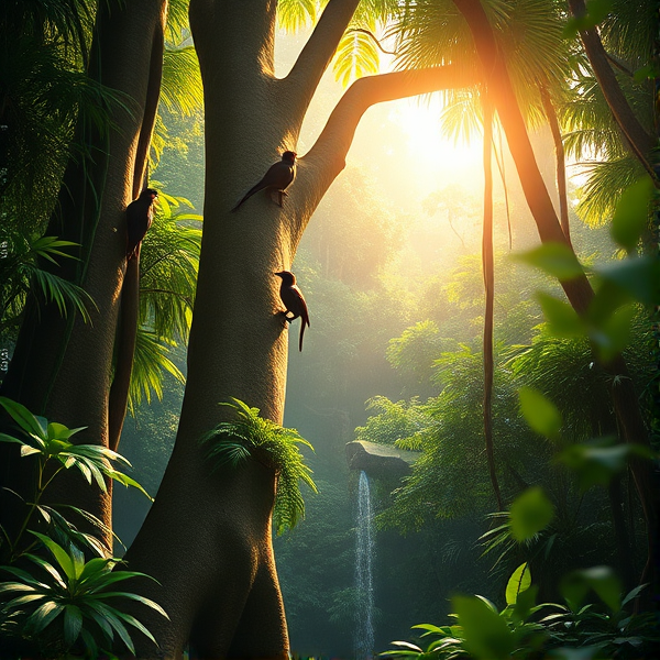 Forêt tropicale luxuriante du Gabon illustrant une biodiversité exceptionnelle avec des espèces animales endémiques perchées sur d'immenses arbres anciens, des lianes épaisses s'enroulant autour de troncs robustes et des rayons de soleil perçant délicatement le dense feuillage vert pour créer un jeu de lumière naturel et vivant