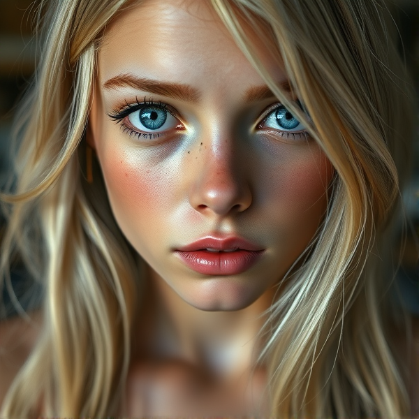 Realistic blonde teen, big blue eyes, a few light freckles, full front body view