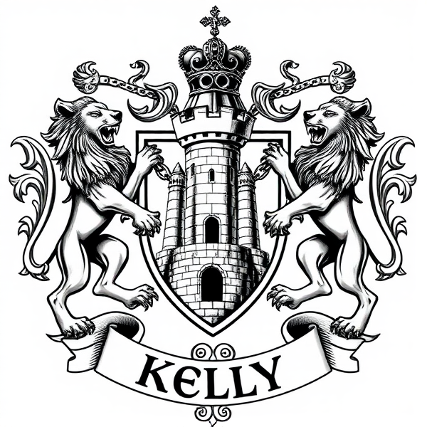 Elaborate heraldic emblem of the Celtic Kelly family crest, featuring a central shield with a detailed castle tower, flanked by two regal lions in rampant posture as supporters and holding a chain between them, the castle tower and lions are inside the shield. all elements enclosed within an ornate mantling and filigree. A banner below that says Kelly. A knights helmet above the shield.