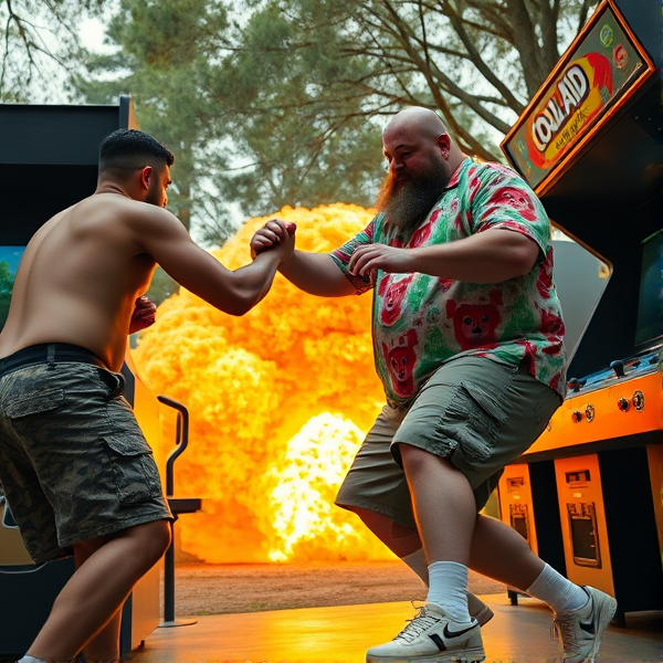 A bald 300 lb man with a beard wearing cargo shorts, a kool-aid man shirt, white socks, sketchers shoes, fighting a college jock on an arcade, action sequence, 4k, explosion in the back ground,  high up in the trees,