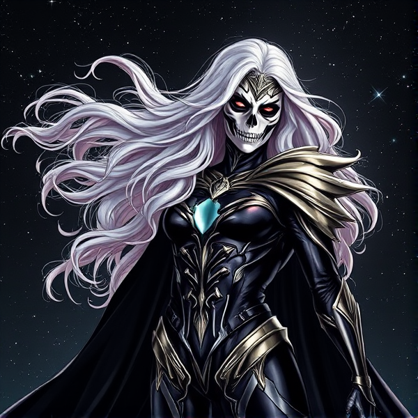 Rene Russo in full costume as the majestic Marvel character Lady Death, draped in her iconic black and silver armor that shimmers with cosmic energy, her skull-like face exuding an ethereal glow, with long flowing white hair cascading over her shoulders against a backdrop of the dark void of space peppered with stars