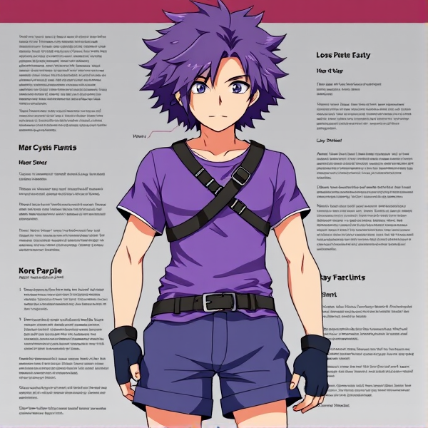 My hero academia oc. Purple fluffy hair. Lose Purple T-shirt. Shorts. Full body reference sheet. Cross chest Body Harness. Fingerless gloves.