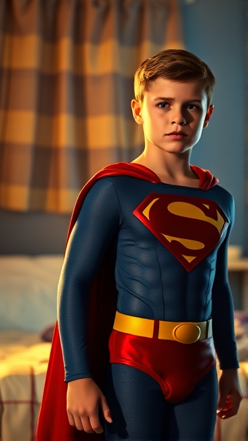 1990's Cinematic Movie Scene: Jon Kent, AKA Superboy, the young little 12-year old super son of Superman, and the first kid to be born as the world's first Half-Kryptonian child, with an extremely muscular body, the iconic costume, the singular curled bang sticking out at the front of his flat and smooth hair, and a long cape, standing in his bedroom, ready for action.