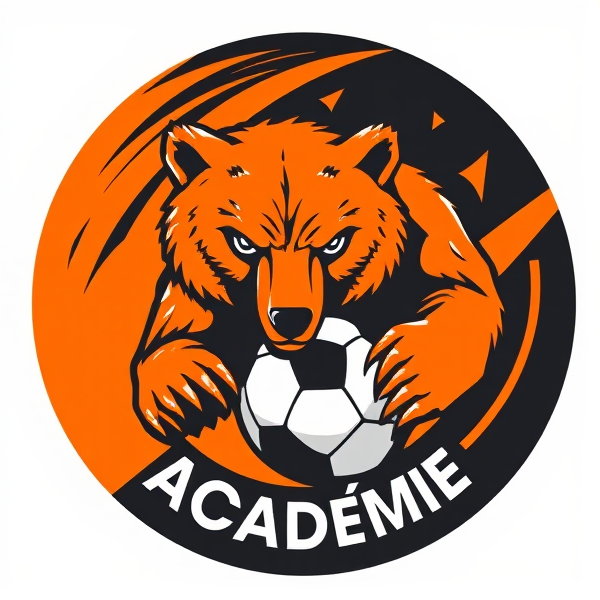 Conception d'un logo rond et percutant pour 'Tilt Académie', école de football. Au coeur du design, un ourson grizzly dessiné avec une précision extrême et un sens artistique raffiné, incarnant la puissance et la ténacité. Il est entouré par des éléments graphiques abstraits qui évoquent dynamisme et passion pour le football : des lignes fluides et rapides ainsi que des formes géométriques vibrantes et énergiques. La palette de couleurs est dominée par un orange vif et un noir intense, offrant un contraste frappant. Le design doit se démarquer en capturant l'essence du jeu compétitif avec l'ourson prêt à se lancer dans l'action. Il est focus mais pas méchante.Le nom 'Tilt Académie' s'intègre harmonieusement autour de l'élément central dans une police moderne et saisissante. Un ballon de football est intelligemment incorporé au logo afin d'en souligner l'appartenance au monde du football. L'esthétique générale doit allier tradition sportive à une touche innovante, rendant le logo idéal comme emblème d'un club sportif.Plus orange que de noire