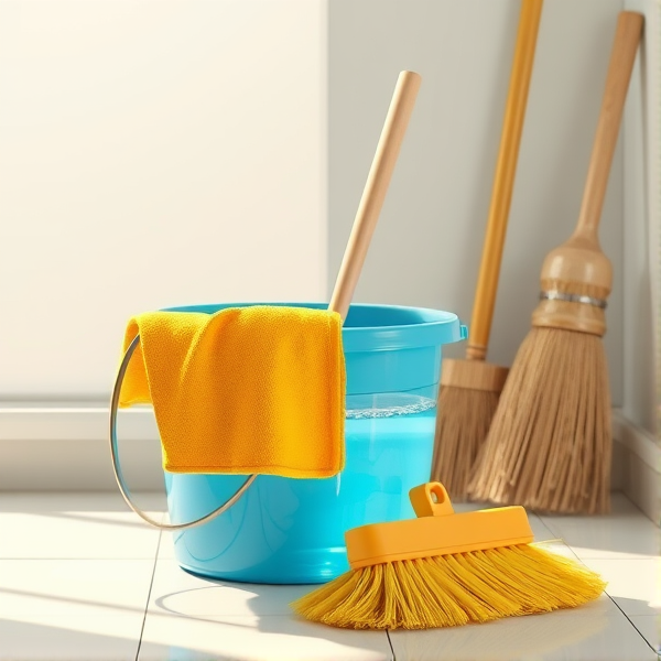 A meticulously arranged cleaning corner in a brightly lit room, featuring a shiny blue bucket filled with crystal-clear water, a neatly folded yellow mop resting beside it, a stiff-bristled scrub brush, and an upright broom with clean, natural straw bristles set against the wall. Soft shadows accentuate the textures of each object and the clean, tiled floor reflects the ambient light