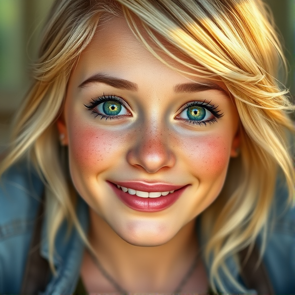 Chubbier blonde headed woman with freckles and green eyes. Country singer. Happy, rounder cheeks.