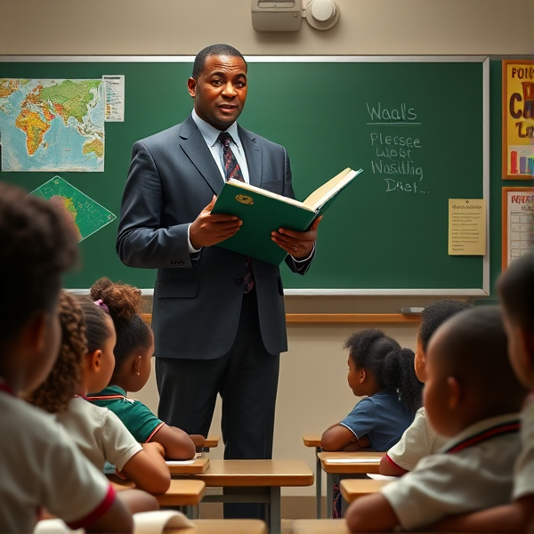 Directeur d'école afro-américain debout tenant un classeur ouvert dans ses mains portant un costume formel, dans une salle de classe avec un tableau vert, s'adressant  à un groupe d'élèves afro-américaines attentives de huit ans assises à leurs pupitres. Ils sont entourés de matériel pédagogique adapté à leur âge, comme des cartes géographiques, des affiches éducatives et des dessins d'enfants accrochés aux murs. La scène dégage une atmosphère chaleureuse et encourageante.