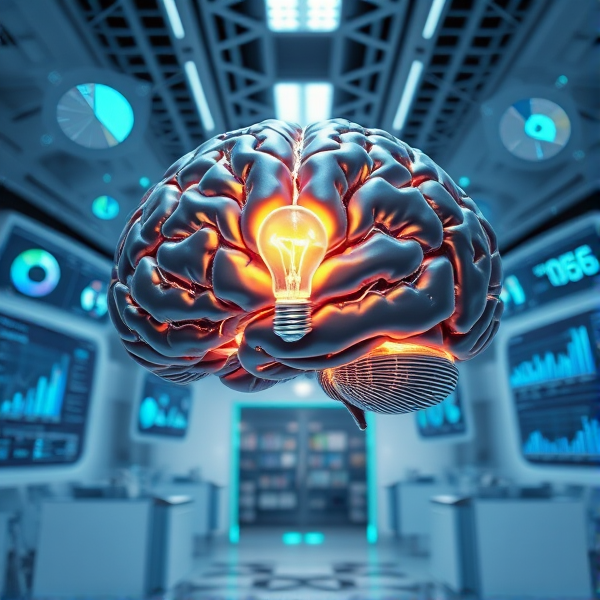 A human brain made of intertwined digital circuits and glowing neural pathways, suspended in a futuristic lab with holographic displays showing graphs and consumer behavior data. The air is filled with floating 3D pie charts and scatter plots. The background has semi-transparent screens projecting demographic statistics and eye-tracking heat maps. A look of curiosity is depicted as a light bulb brightly illuminated within the core of the brain, symbolizing an epiphany or breakthrough in neuromarketing research. The style is hyper-realistic with sharp details to emphasize textures, from the glossy surfaces of the holograms to the matte finish of the brain's neural network. Soft blue and green ambient lighting creates a high-tech atmosphere with shadows gently cast on sleek white surfaces of the lab. The camera angle is slightly low, looking up at the brain to give it a sense of grandeur and importance