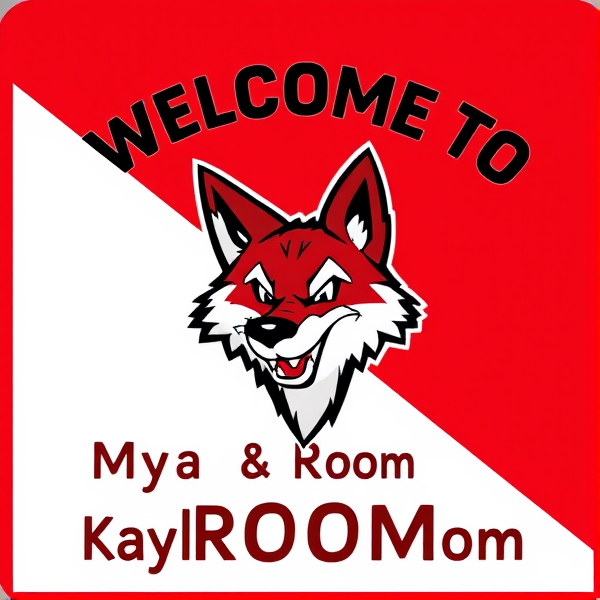 Custom-designed door sign for 'Mya & Kaylee's Room' featuring playful, bold typography with the phrase 'Welcome to Mya & Kaylee's Room' surrounded by a dynamic and lively illustration of the University of South Dakota Coyotes mascot. The color palette is primarily red and white, reflecting school spirit. The overall aesthetic should be fun and inviting, perfectly suited for adorning a university dorm room door.
