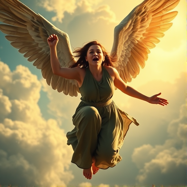 Dark angel falling from heaven in mid air, with wings. 20 year old woman upset and yelling.