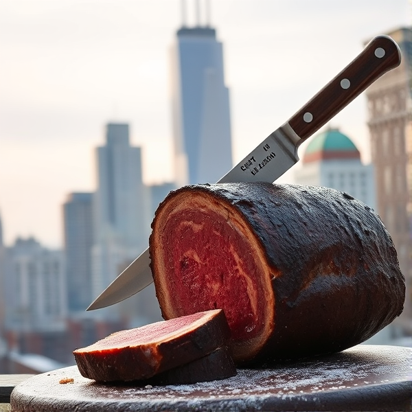 Bologna thick cut B with machete New york in background