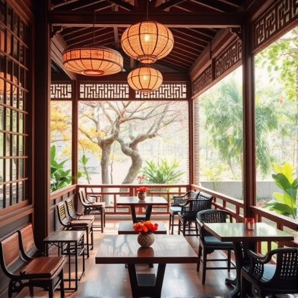 Chinese garden coffee shop interior