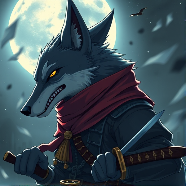 Loup roublard maitre de l'éclipse lunaire et avec un écharpe rouge autours du cou et avec deux épées dans le dos et avec une tenue de pirate