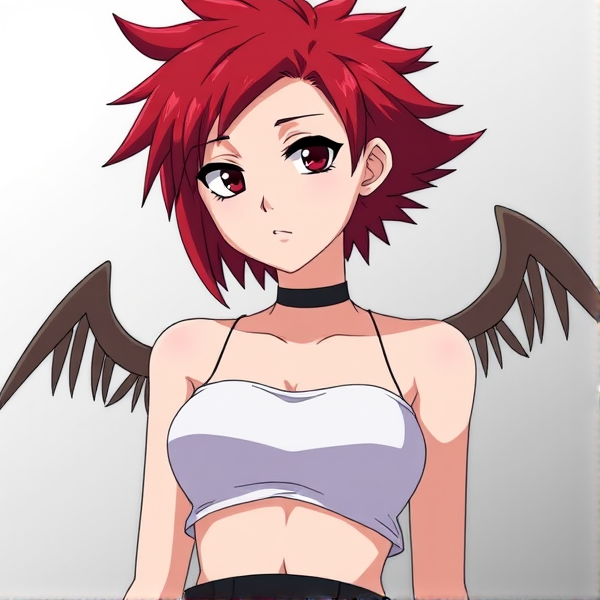 My hero academia oc. Female. Red hair.Black eyes. Wing quirk or magic quirk. Hair is short and spikey at the end. Crop top.