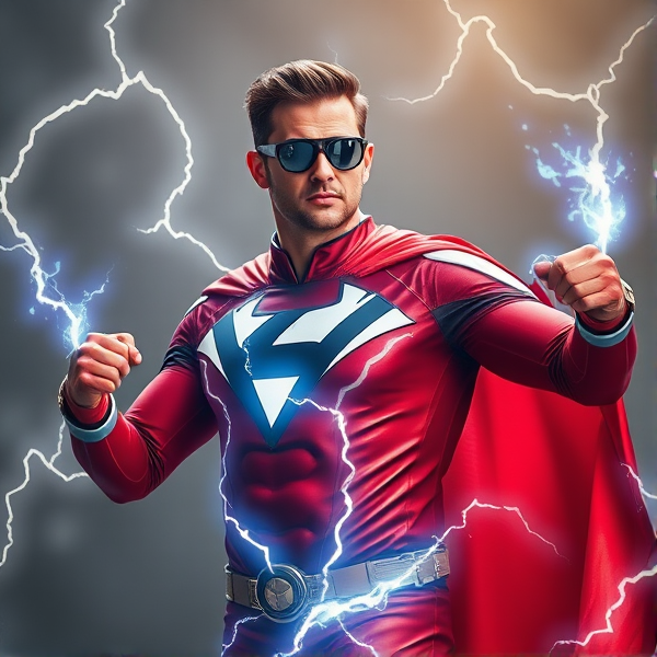 Créer une image d'un homme avec costume de super héros avec des pouvoirs électrique
