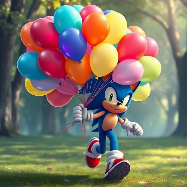 Sonic the hedgehog, holding big bunch of many colorful 16 inch balloons bouquet, running, park, anime style