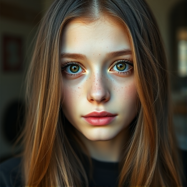 16 year old girl, natural nose Length light brown layered hair, middle part,  hazel brown doe eyes, freckles everywhere , natural eye brows, thinner pale lips longer eye lashes, pale skin color