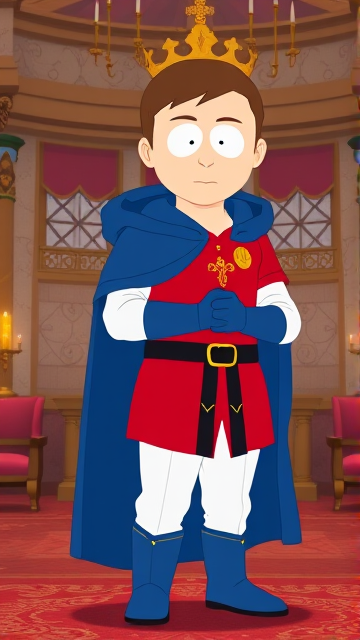Clyde Donovan from South Park, light skin and brown hair, but as a 14-Year Old, dressed as a medieval prince with a red shirt with white sleeves, a black belt with a gold buckle, white pants, blue boots, blue long-cuffed gloves, and wreathed in a big and long blue hooded cape that reaches his ankles, now known as Prince Donovan. Despite still being a kid, he is the Youngest Ruler of South Park, Colorado, but now reborn as the real life Kingdom of Kupa Keep, Zaron, and Prince Donovan is its youngest and greatest hero. The young teenage prince of Kupa Keep is currently standing in the throne room in his new home of Kupa Keep Castle, completing his crowning ceremony.
