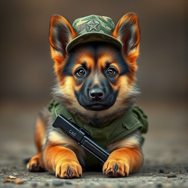 German Shepherd puppy  dressed as an army ranger