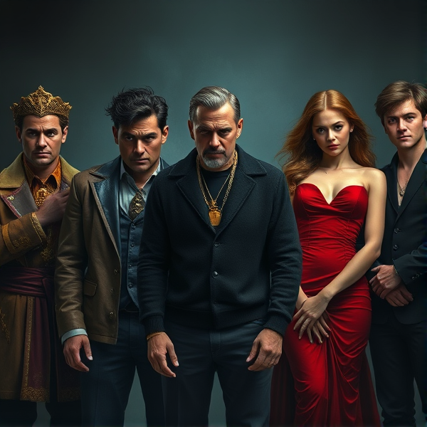 Seven individuals embodying the seven cardinal sins in a vivid tableau. Pride is personified by an imperious man adorned in opulent regal attire, his posture exuding superiority. Wrath appears as a rugged, intense man with a scowl, clad in a weathered leather jacket suggestive of a biker aesthetic. Greed is epitomized by an ostentatious individual flaunting an expensive tailored suit, dripping with jewelry and a conspicuous gold chain. Envy is depicted by a solitary figure with covetous eyes that subtly betray her longing as she gazes upon the others from the shadows. Gluttony contradicts expectation, portrayed by a surprisingly slender man enveloped in an oversized black sweater that speaks to insatiable consumption rather than corpulence. Lust radiates temptation through a seductive woman dressed in an enchanting red gown that clings to her form, her demeanor both inviting and provocative. Lastly, Sloth languishes within the scene as a young man exuding indolence and disinterest, his expression eternally fatigued and listless