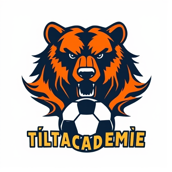 Conception d'un logo dynamique pour "Tilt Académie", un club de football, avec une représentation centrale d'un ourson grizzly illustré avec précision et finesse. Le grizzly est entouré par des éléments graphiques abstraits évoquant la vitesse et la passion du sport, tels que des lignes courbées fluides et des formes géométriques énergétiques. Les couleurs dominantes sont l'orange vif et le noir profond, créant un contraste visuellement puissant. Le design doit être emblématique et instantanément identifiable, reflétant l'esprit compétitif du football. Le nom du club, "Tilt Académie", doit être intégré de manière élégante autour de l'image centrale dans une police moderne et audacieuse qui capture l'attention. Un ballon de soccer est également présent dans le design pour renforcer le thème footballistique. L'ensemble devrait traduire une harmonie parfaite entre tradition et modernité, idéal pour un blason .