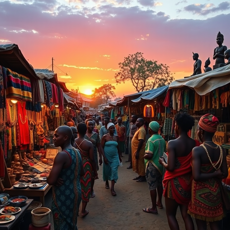 Marché africain animé au coucher du soleil, avec des étals colorés vendant des tissus traditionnels, des bijoux faits main et des sculptures en bois, musique locale en fond, danseurs en costumes ethniques, diversité de la vie quotidienne africaine