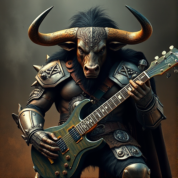 Créer une image détaillée d'un minotaure imposant en armure de guerrier, avec un corps et une tête de taureau. une guitare hache Gene Simmons