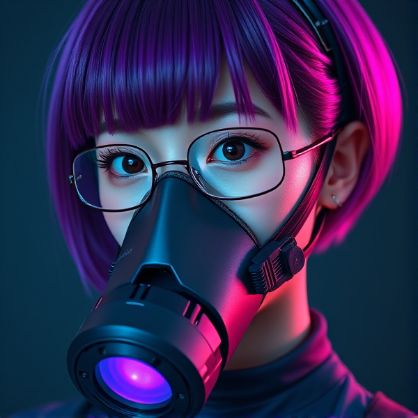 A  Asian girl with purple bobcut hair and iridescent pale skin  wearing  a breathing respirator and Wearable electronics with smart screens and night vision monocle