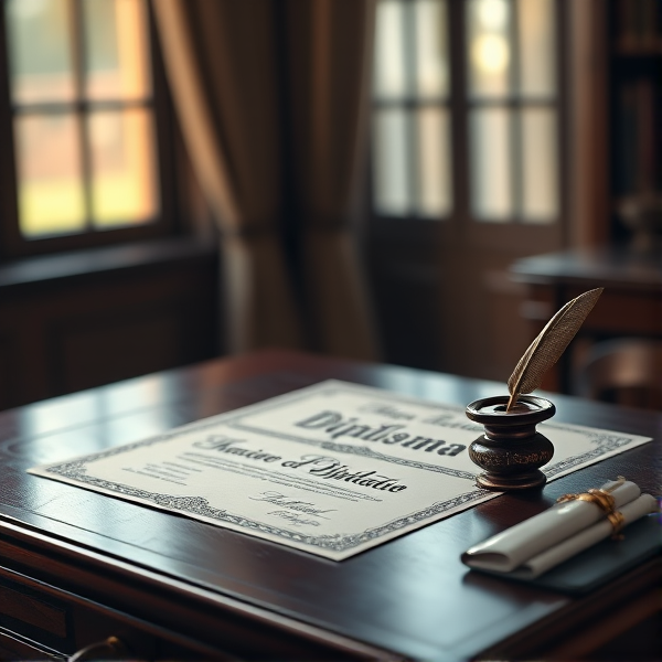 Prompt: Un diplôme élégant posé sur un bureau en bois foncé, avec un encrier et une plume à côté, éclairage doux venant d'une fenêtre à gauche, ambiance de réussite académique