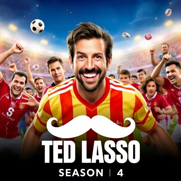 Official poster for "Ted Lasso" Season 4 featuring Jason Sudeikis in the forefront with a charismatic pose, surrounded by the dynamic ensemble cast in an action-packed soccer match setting, vibrant colors accentuating the high-energy atmosphere, iconic mustache logo prominently displayed