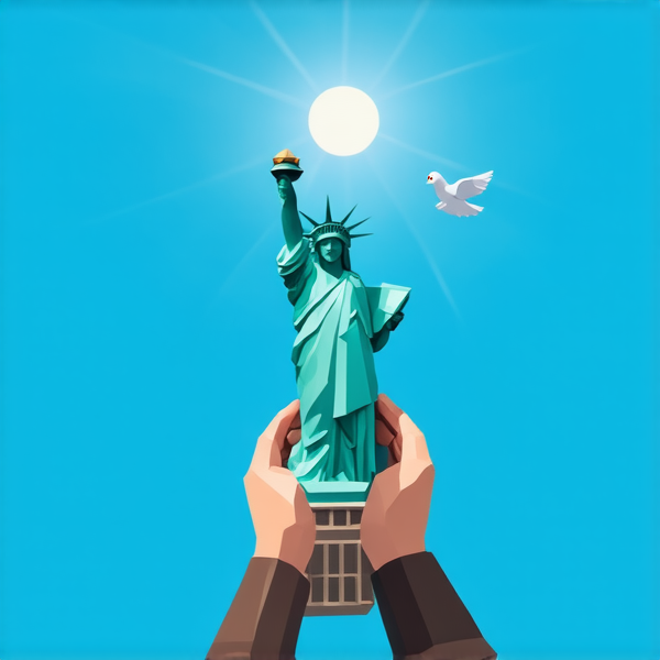 Un collage de moments emblématiques d'espoir à travers les époques, fusionnant harmonieusement le lever du soleil au-dessus de la Statue de la Liberté, des mains de différentes ethnies se joignant en un signe de paix, et une colombe en vol sur un ciel bleu clair. La lumière du matin inonde la scène d'une douceur réconfortante. Le tout dans un style hyperréaliste avec une attention minutieuse aux détails, comme les reflets sur l'eau et les textures des plumes. Vue aérienne légèrement en contre-plongée pour donner une impression d'élévation et d'optimisme