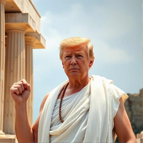 trump as philosopher wearing toga in ancient greece