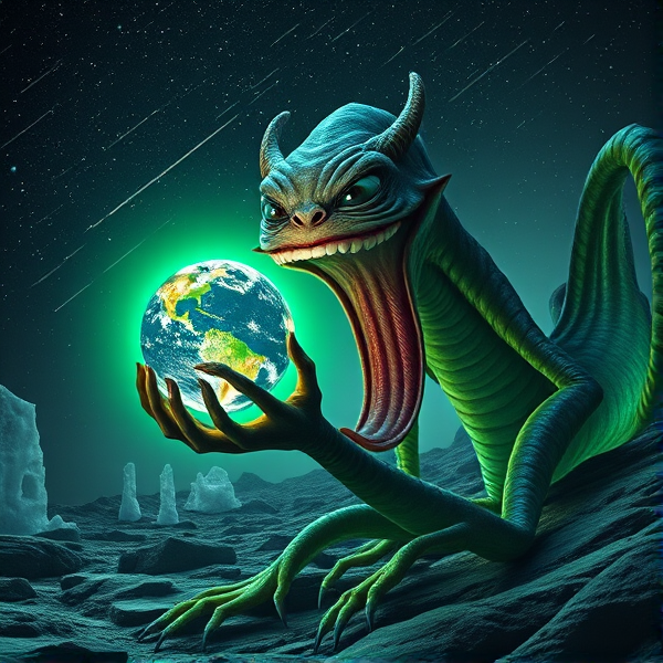 Une créature astrobiologique avec un large sourire en coin, tenant dans sa main tentaculaire une petite Terre lumineuse, reflétant un sentiment de supériorité narquoise face à l'humanité. La scène se déroule sur une exoplanète rocheuse avec des geysers de glace et un ciel étoilé dense en arrière-plan, éclairée par une lueur verdâtre provenant de la biosphère extraterrestre environnante. Style hyper-réaliste avec une attention méticuleuse aux détails texturaux et bioluminescents de la créature et des formations glaciales. L'éclairage est dynamique et accentue le relief du paysage ainsi que les traits expressifs et moqueurs de la créature. Prise de vue en contre-plongée pour amplifier l'impression de domination.