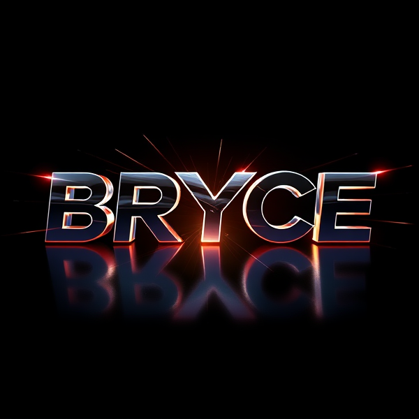 Create a visually arresting 3D logo for "BRYCE" that exudes ultra-modern, sleek design elements with bold sans-serif typography which dynamically bursts forth from a pitch-black background. Infuse the artwork with electrifying light beams inspired by the Capcut app icon's luminosity, casting profound shadows and creating striking highlights across the logo's contours. Incorporate a fusion of cutting-edge curves, crisp edges, and fluid lines to convey both rapidity and elegance. The logo should be enveloped in a metallic skin exhibiting a lustrous, mirror-like finish to dramatically bounce off light, imbuing it with an essence of vigorous motion. Draw upon Pixar's hallmark of incisive imagery and pronounced geometric shapes, injecting the tableau with a lively color spectrum and polished surfaces for additional depth. Utilize rendering techniques paralleling Unreal Engine's hyper-realism and Octane Renderer's ray tracing capabilities to achieve mesmerizing reflections, alongside V-Ray's sophisticated lighting effects to accentuate the mood. Strive for an overwhelmingly surreal visual spectacle that flirts with sci-fi elements, deliberately exaggerating every aspect for maximal impact. This creation ought to be perceived as audaciously lavish, overtly eschewing any inclination towards subtlety or minimalism.