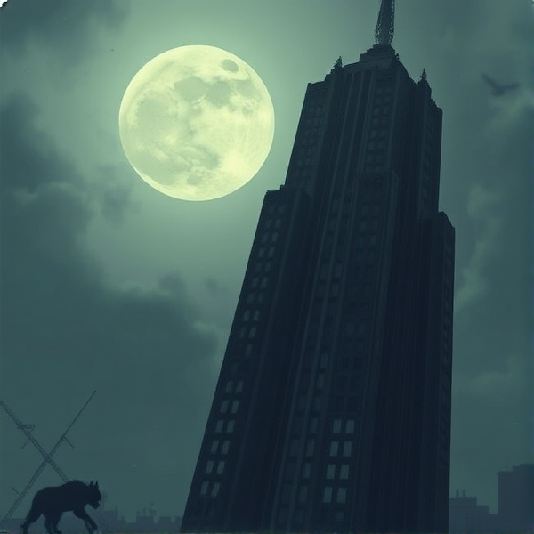 Gratte ciel ,obscur,ténébreux,pleine lune ,loup, entités.gold