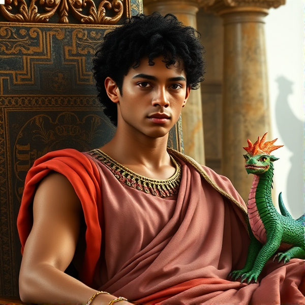 An Mycenaean young prince with deeply tan skin and black curls. A new, young king, tall and lean, dressed in the chiton of a king. As king of thebes, he has two pet dragons. One green, one reddish-pink, whom are Cadmus and Harmonia. He also has a Statue of Ares in his throne room, fond of the strong God. His throne room is large and made of marbles, as he sits comfortably on his throne, tended to by staff.
