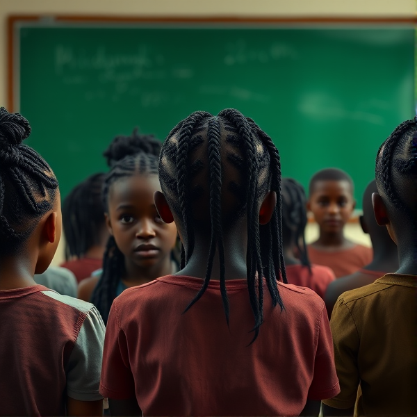 des filles noires de huit ans avec des tresses africaine et des garçons assis dans une classe face au tableau vert
