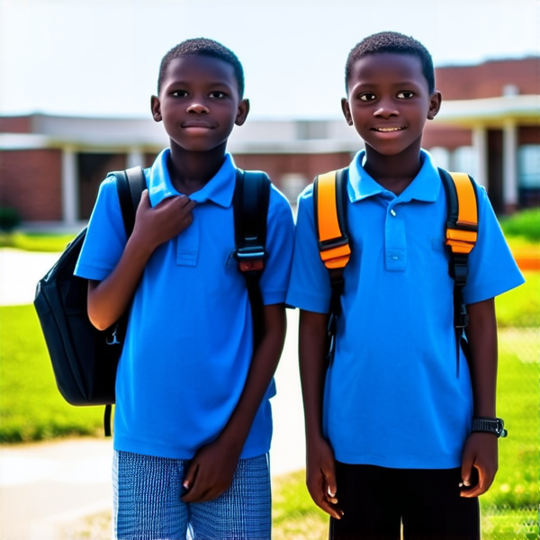 deux garçons noire agés de 12 ans avec des cartables dans la cour d'un collège