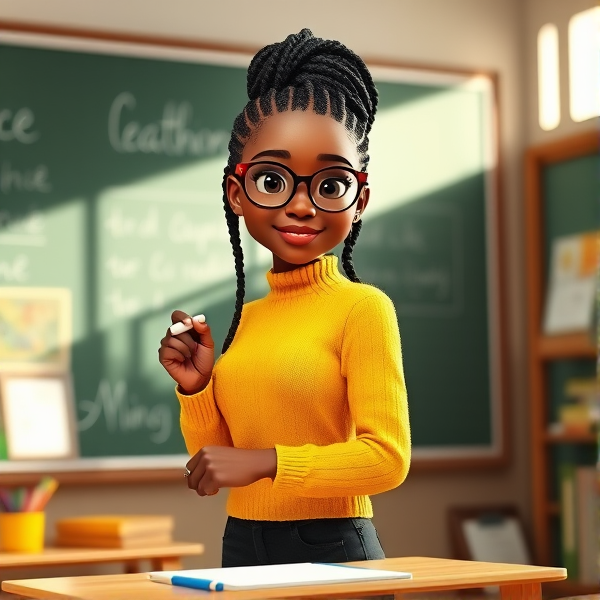 Une enseignante afro-américaine élégamment coiffée de tresses africaines traditionnelles, portant un pull jaune vif et des lunettes, se tient debout face à un tableau noir de salle de classe en train d'y écrire avec assurance à la craie blanche, lumière naturelle émanant des fenêtres, éléments éducatifs colorés visibles en arrière-plan