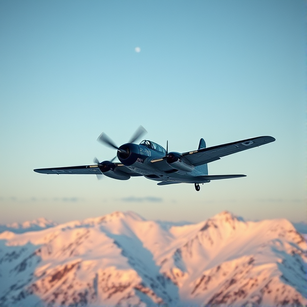 F4f aircraft flying low over snowy mountains at twilight