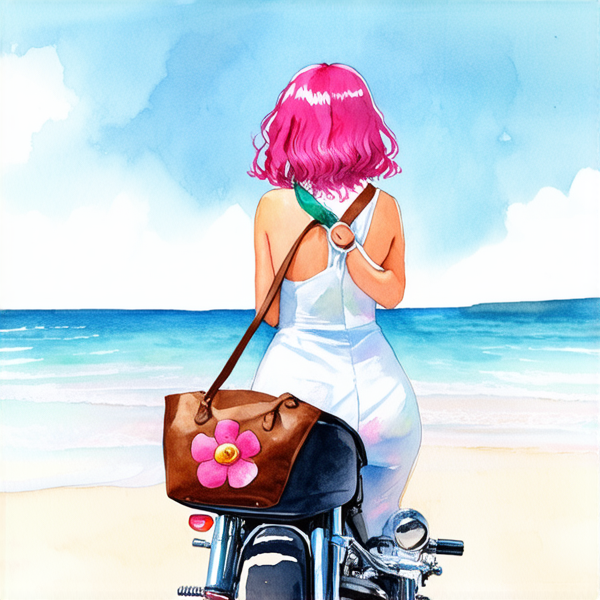 Aquarelle : Femme avec des cheveux rose fuchsia sur une harley noir roule sur le plage. elle porte une robe blanche à grosse fleur rose layette et un sac à main en cuir marron lanière rose et bleu et vert porté en bandoulière