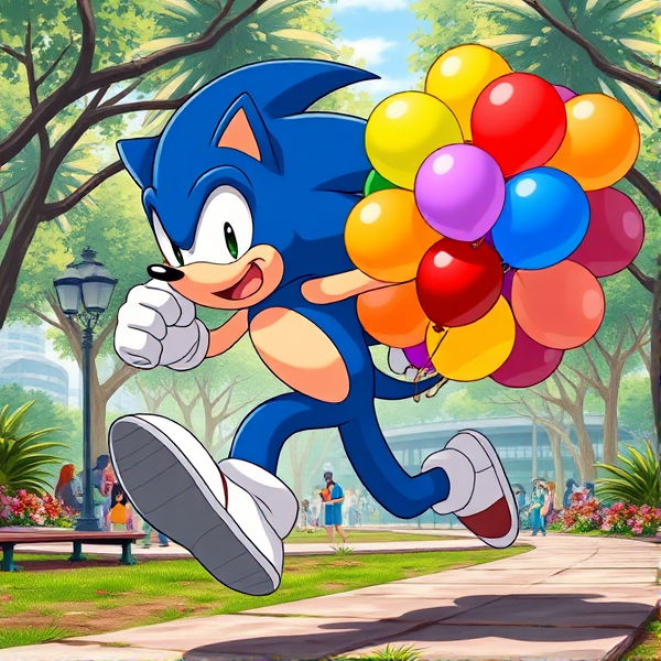 Sonic the Hedgehog in full sprint, captured in a dynamic and energetic running stance, his hand clutching a vibrant cluster of variously colored balloons numbering 450, each with a diameter of 16 inches. The background is alive with the buzz of a park teeming with diverse activities, lush trees, and plants, all depicted in a deeply saturated anime style that's rich in color and detail
