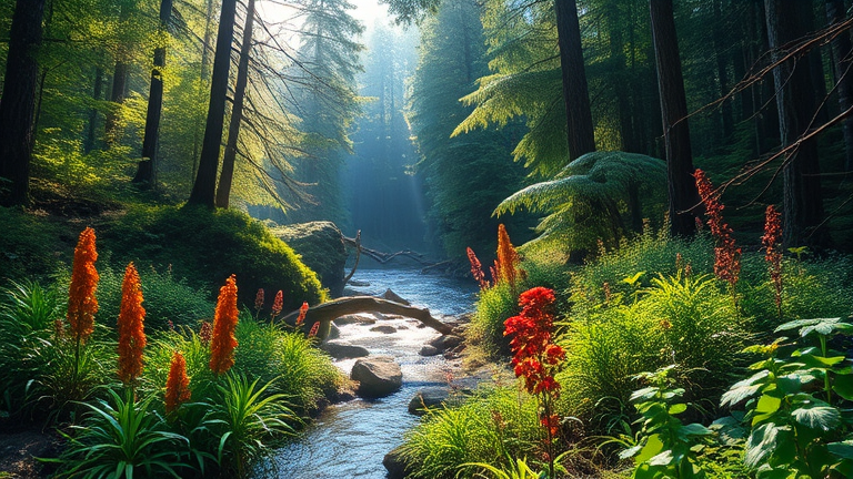 lush, vibrant forest landscape with a variety of thriving plants and wildlife, sunlight filtering through the canopy, serene river flowing gently