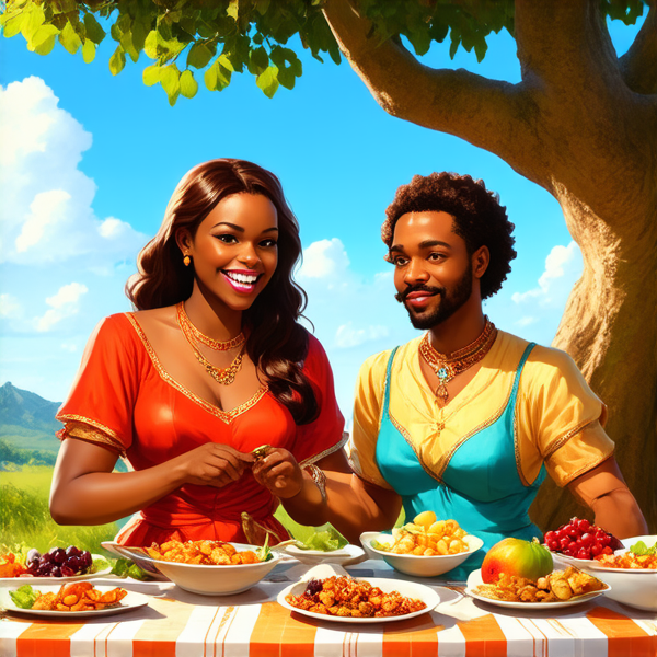 prompt: Un grand repas de famille traditionnel en plein air sous un baobab en Afrique, avec des plats locaux colorés et variés, des fruits exotiques, une grande nappe colorée, des hommes et femmes africains vêtus de tenues traditionnelles multicolores souriants et partageant un moment convivial