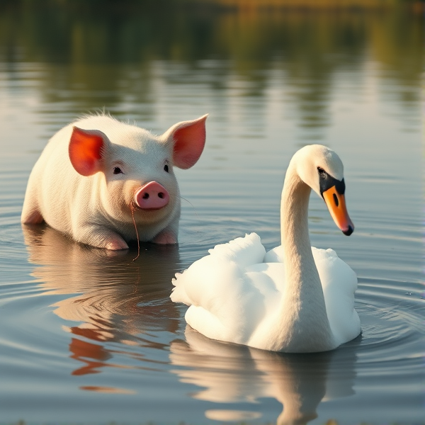 A cute pig and a cute swan fishing in a lake