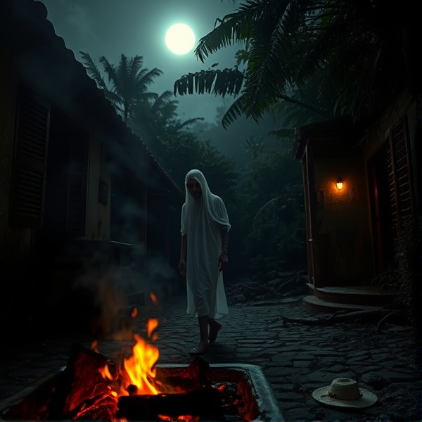 Scène nocturne étouffante et inquiétante dans un village traditionnel mexicain, imprégnée d'une aura de mystère et d'effroi en raison d'un meurtre sordide non élucidé. Premier plan dominé par les braises rougeoyantes d'un barbecue délaissé, dont la fumée serpente dans l'air stagnant et projette des ombres tordues sur les façades lézardées d'une vieille hacienda à l'abandon. Les volets en bois cassés pendent de leurs gonds, créant une cacophonie visuelle troublante. Les fenêtres brisées laissent entrevoir des courants d'air qui murmurent des histoires oubliées. Un spectre translucide aux contours flous erre avec désespoir, sa présence malveillante soulignée par une lumière blafarde qui le rend encore plus irréel. Ses mains fantomatiques semblent chercher à atteindre quelque chose ou quelqu'un dans un geste maudit ou implorant. Dans la brume nocturne qui enveloppe la scène, sa silhouette se découpe avec une netteté effrayante, accentuant son allure éthérée.

À l’arrière-plan, des silhouettes intimidantes se devinent timidement au-delà de la barrière naturelle que constitue la forêt tropicale luxuriante sous une lumière lunaire blême filtrant par intermittence à travers le feuillage tourmenté par de forts coups de vent. La végétation dense semble former un tableau vivant où se mêlent ombres chinoises et apparitions spectrales grâce aux branches entortillées suggérant des entités mouvantes et malveillantes.

Le calme trompeur est rompu par les appels étranges d'animaux cachés dans les profondeurs obscures de cette nature impénétrable; leurs cris ajoutent à la tension ambiante. Le sol accidenté dissimule des indices morbides: un sombrero écrasé reposant à côté d'une mare indistincte qui pourrait être du sang coagulé, un collier aux pierres phosphorescentes jonché hâtivement comme si abandonné en pleine fuite, tandis qu'une photographie partiellement brûlée repose sur le terrain piétiné révélant peut-être l'identité de la victime ou celle de son bourreau.